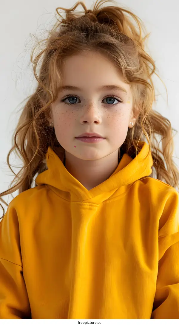 Young Girl with Freckles and Yellow Hoodie