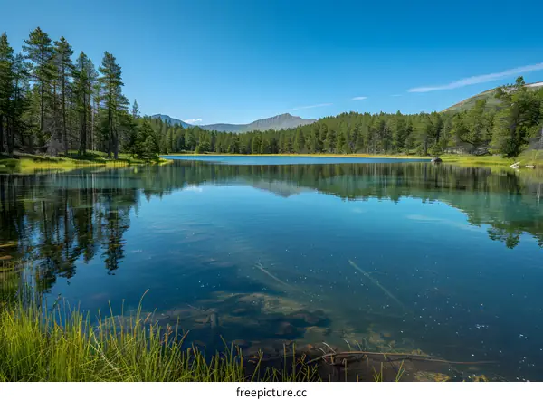 Clear Blue Lake in the Mountains with Green Trees