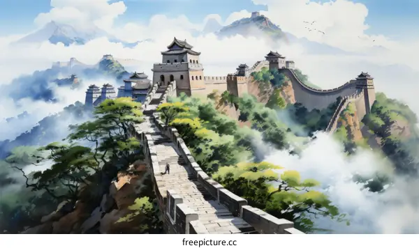 The Great Wall of China winding through a beautiful mountain landscape