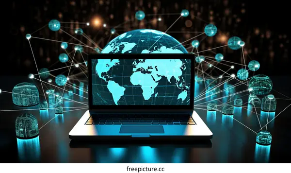 Laptop with binary code globe and circuit board