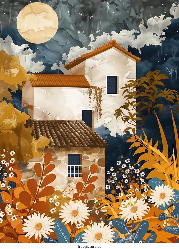 House with Flowers and Moon in the Night Sky
