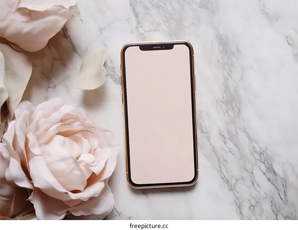 Gold iPhone Mockup with Pink Flowers on Marble Background
