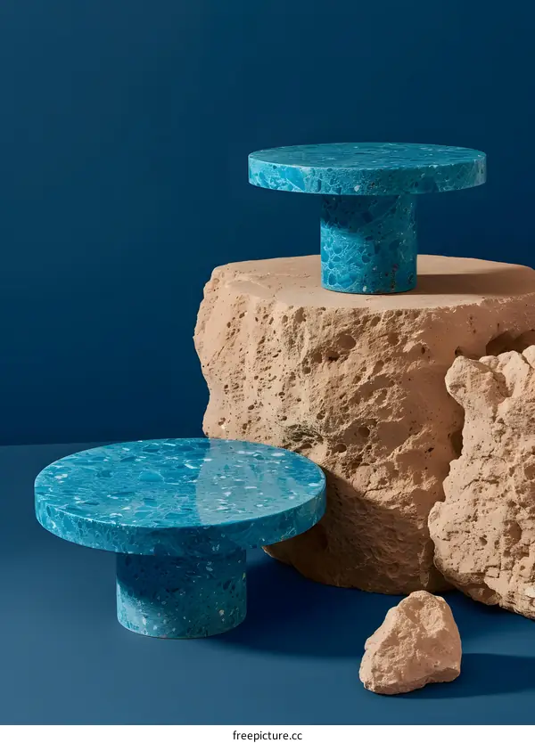 Blue Terrazzo Pedestal on Rock Formation Against Blue Background