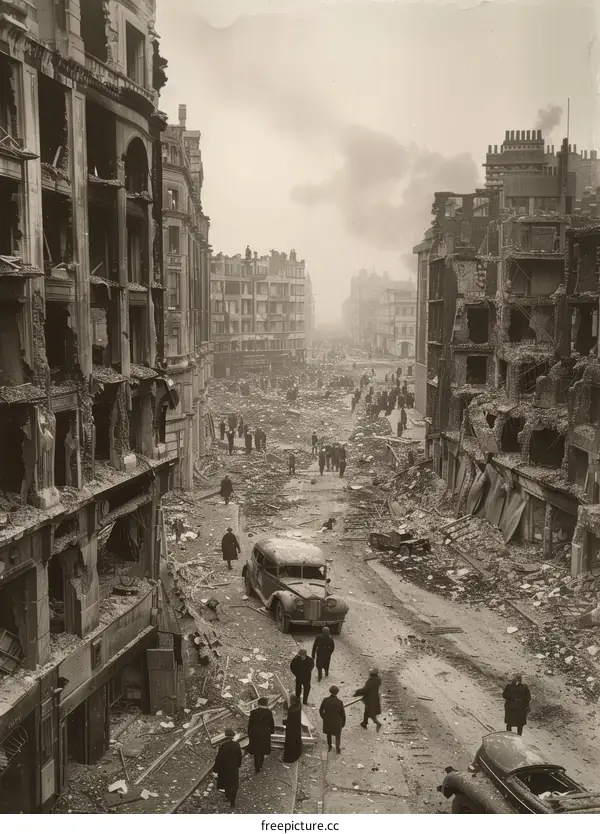 The aftermath of a German air raid on London during World War II