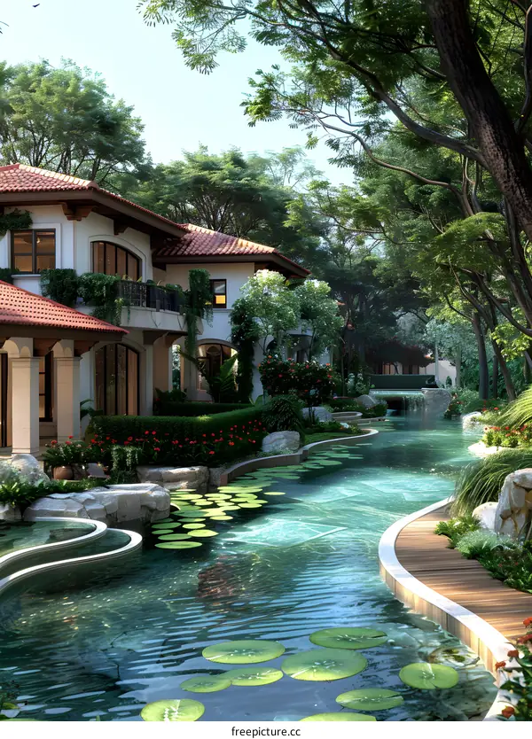 A Modern Villa with a Beautiful Water Feature