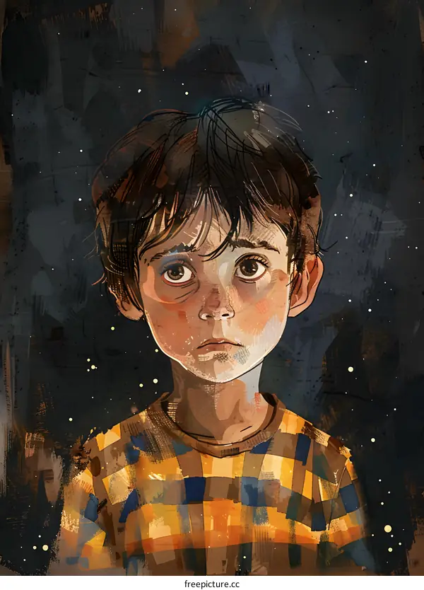Portrait of a boy with a sad expression on his face