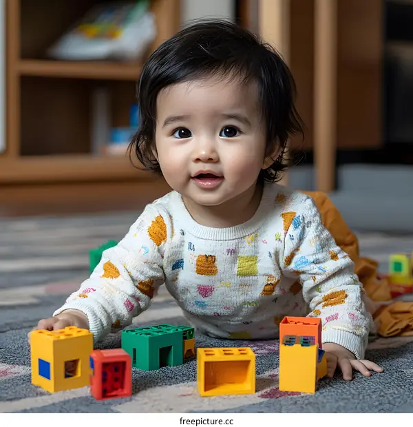Cute Asian Baby Girl Playing with Colorful Blocks on the Floor