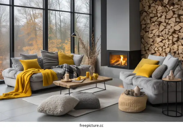 A cozy living room with a fireplace and a large window