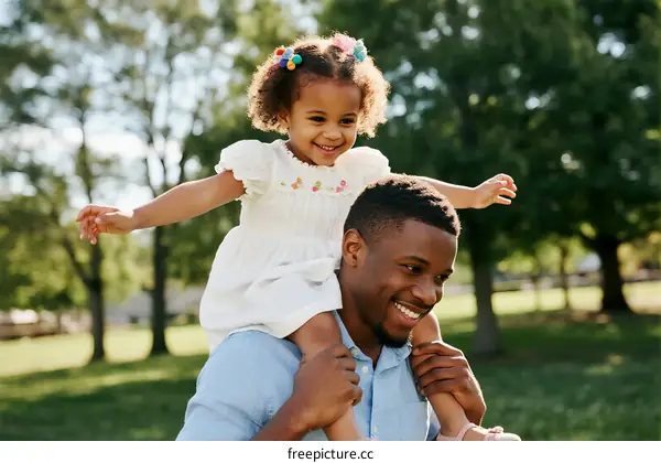 A father carrying his little daughter on shoulders in park