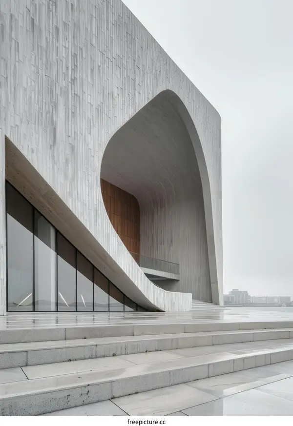 A modern building with a curved entrance and a large glass window