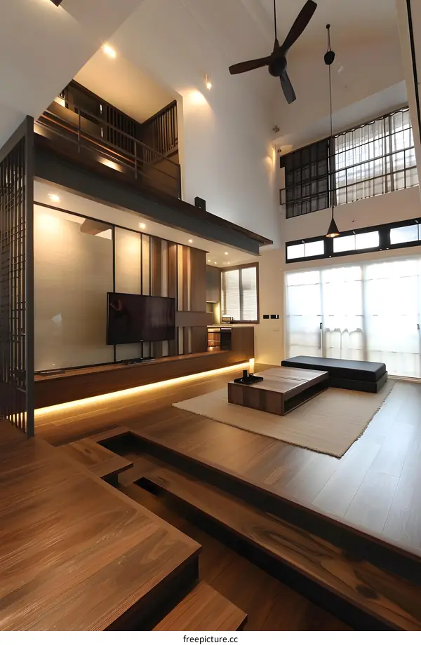 Modern Minimalist Living Room Design With Wooden Flooring And Ceiling Fan