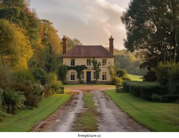 Traditional English Country House with Autumn Foliage