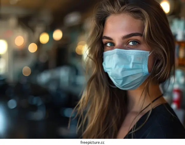 Close-up portrait of a young Caucasian woman wearing a medical face mask