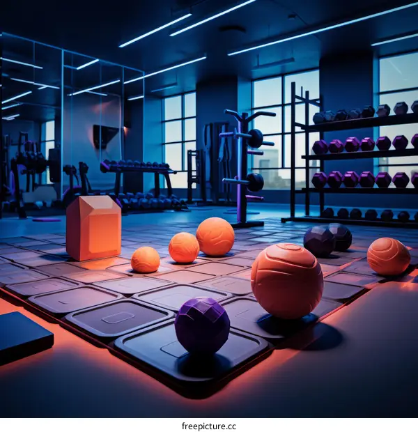 Modern empty fitness center with blue and orange lighting