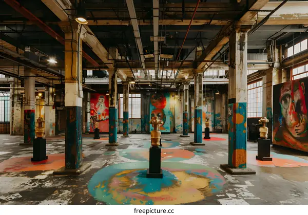 Colorful Abstract Art Displayed in a Large Abandoned Industrial Building