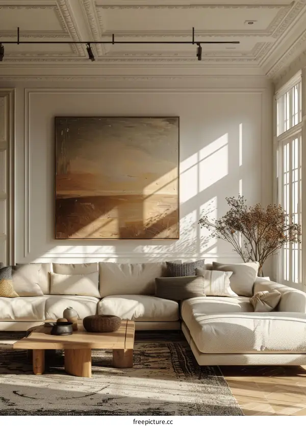 Modern Beige Living Room with Artwork and Natural Light