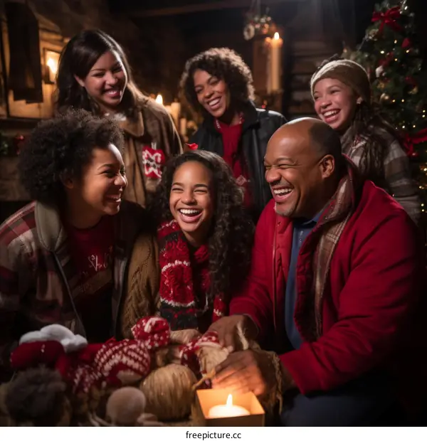 A family of African-American ethnicity is celebrating Christmas in a cozy cabin.