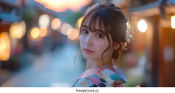 Asian Woman in Traditional Japanese Kimono at Dusk