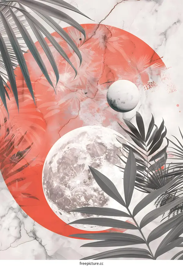 Abstract Moon and Palm Leaves Artwork
