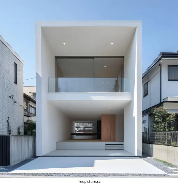 Modern Minimalist White House Design with Open Balcony and Concrete Driveway