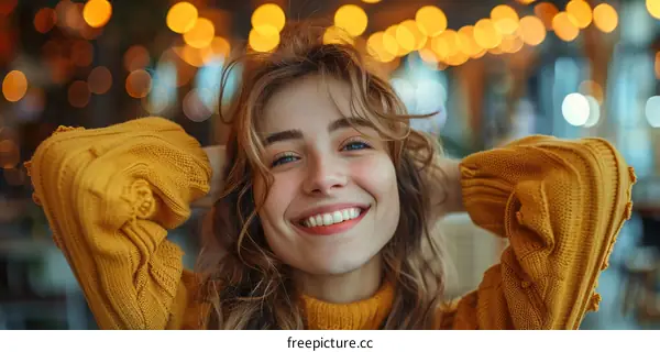 Smiling Woman in a Mustard Yellow Sweater