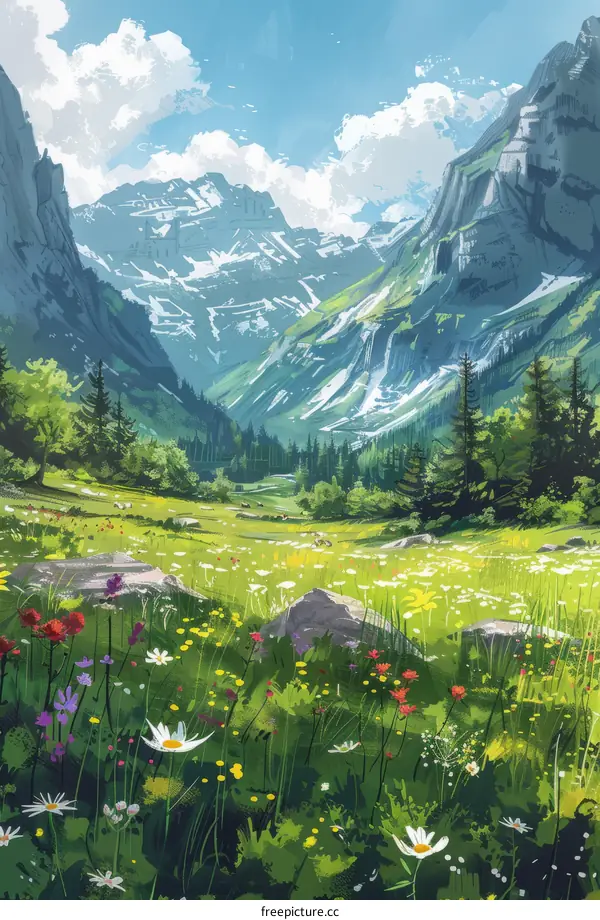 The vibrant green valley is surrounded by snow-capped mountains