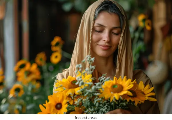 Woman holding sunflowers with a serene expression