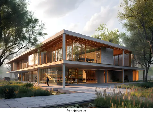 Modern office building with large glass windows