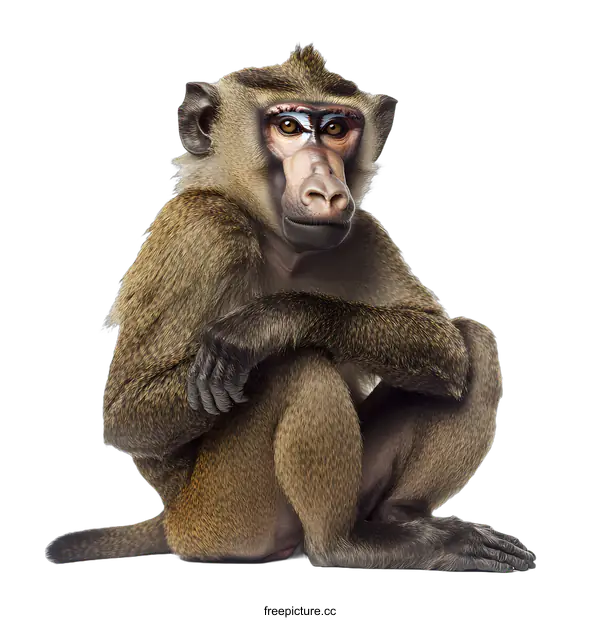 [Transparent Background PNG]Close Up Portrait of a Baboon Sitting Isolated on White Background