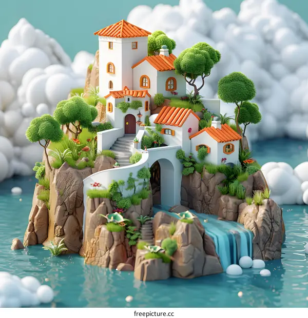 Small Mediterranean houses on a rocky island in the middle of the ocean