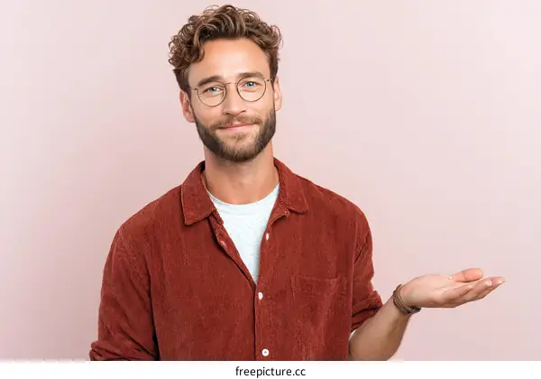 Young Caucasian Man Presenting with Open Hand