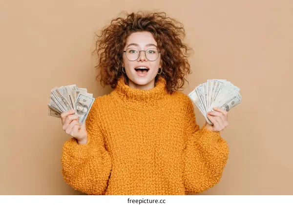Excited Young Woman Holding Money