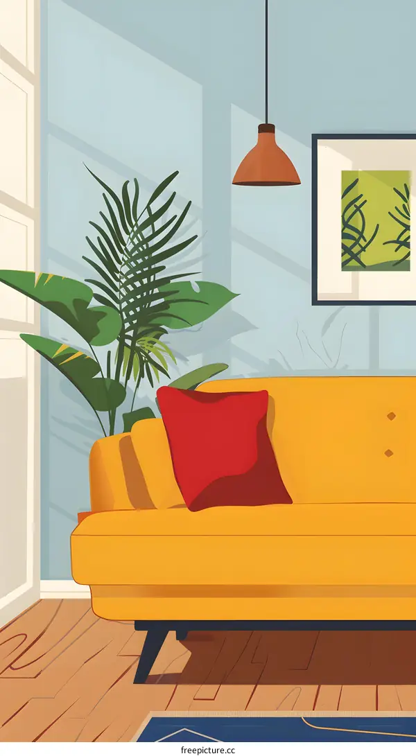 Yellow Sofa in a Modern Living Room with a Green Plant