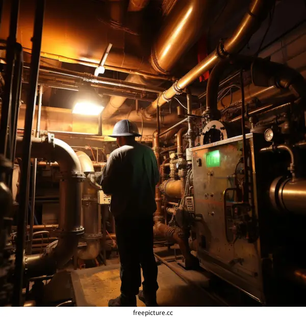 Industrial Worker in Hardhat and Safety Glasses Inspects Equipment
