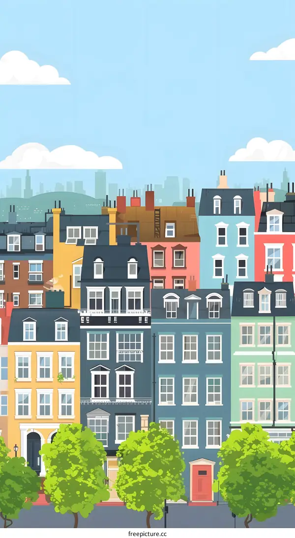 Colorful Cityscape Illustration with Houses and Trees