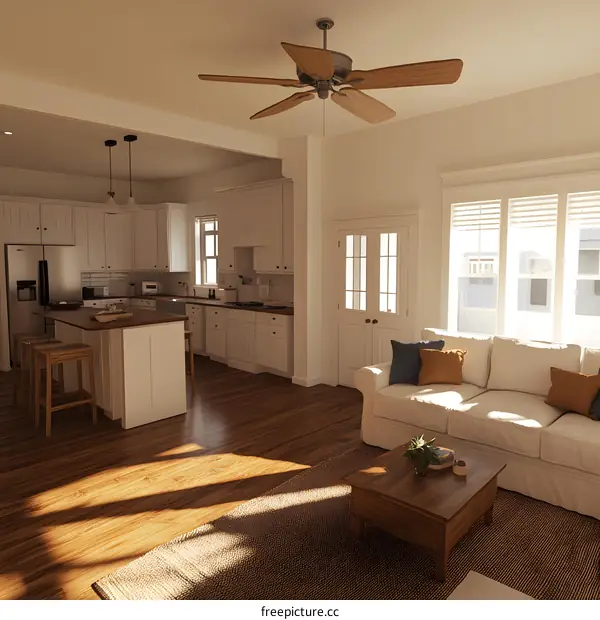 Modern Kitchen and Living Room Interior Design with White Cabinets and a Ceiling Fan
