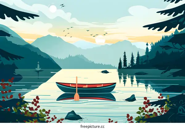Peaceful Lake Scene with a Canoe and Mountains
