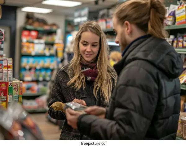 A young couple is shopping for groceries in a supermarket.