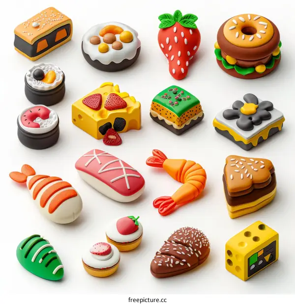 3D Clay Render of Delicious Food: Sushi, Pizza, Burgers, and Pastries