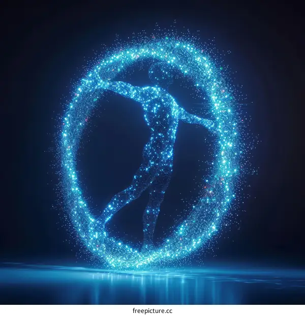 Blue translucent manikin made of glowing particles