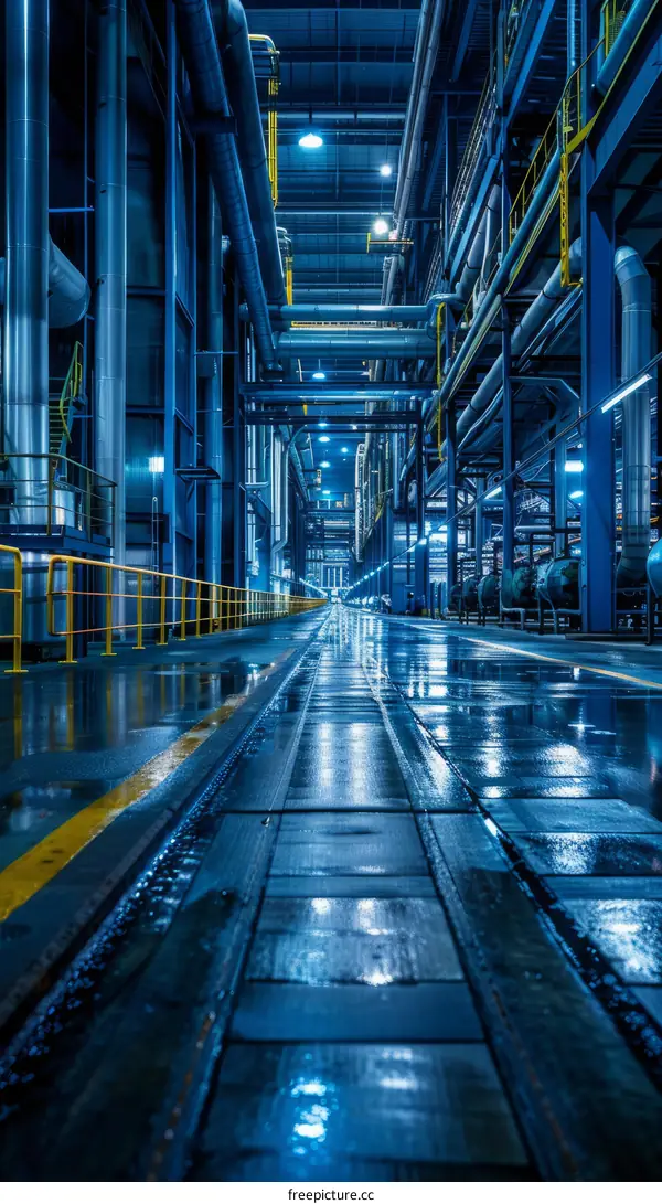 Industrial Building Interior with Blue Pipes and Yellow Walkway
