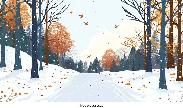Snowy Forest Landscape with Falling Leaves and a Path