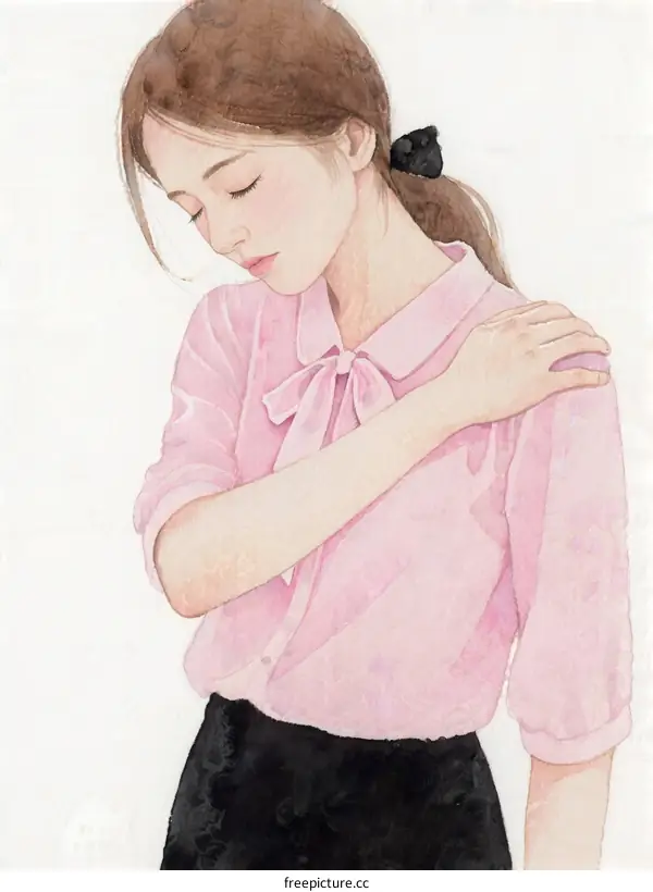 A Young Woman in Pink Blouse with Hand on Shoulder