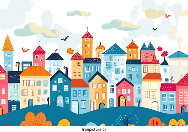 Colorful Hand Painted Illustration of Cityscape