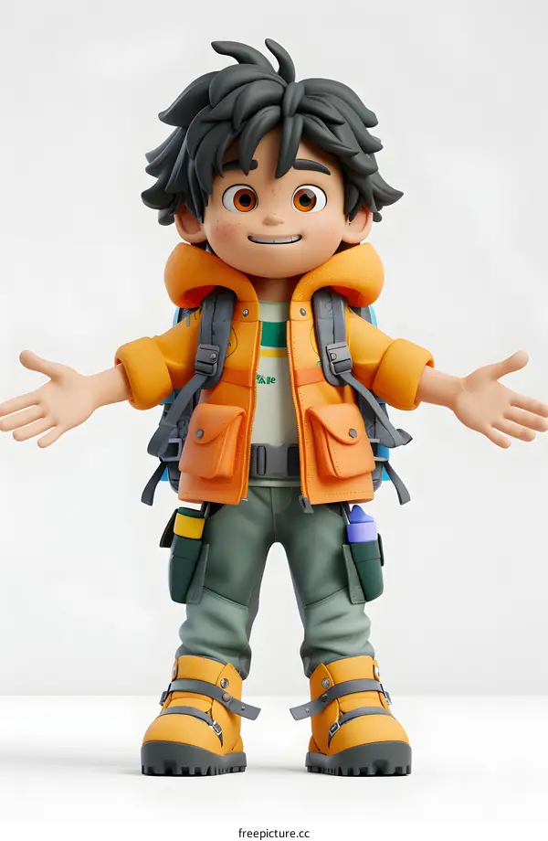 Smiling Cartoon Boy in Orange Jacket With Backpack