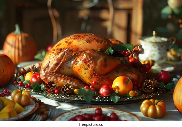 Thanksgiving dinner table with roasted turkey, pumpkins, and autumn leaves