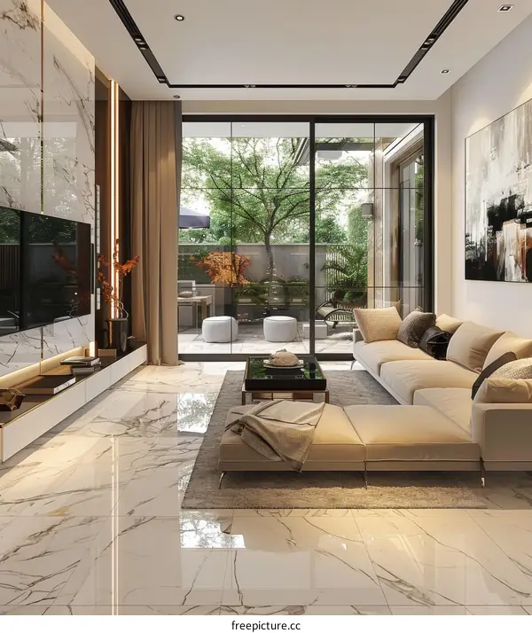 Modern Minimalist Marble Tiled Living Room