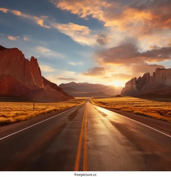 The sun sets over a lonely highway in the desert