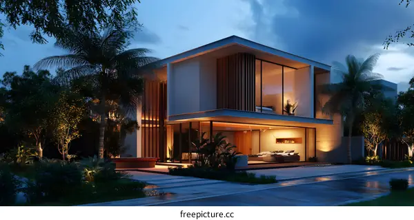 Modern House with Tropical Garden and Swimming Pool at Dusk