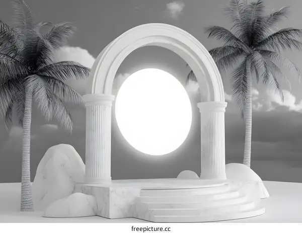 White Marble Archway With Palm Trees and Moon